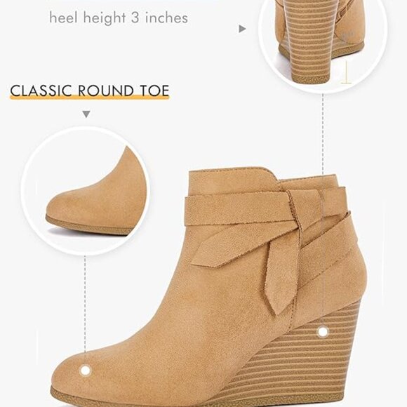 Womens Wedge Booties Fall Ankle Boots Tie Knot Stacked Heeled Side Zipper-Brown - Picture 5 of 5